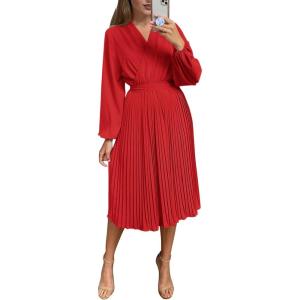 imagePRETTYGARDEN Womens Spring Midi Dress Long Puff Sleeve Wrap V Neck Flowy Ruffle Pleated Casual Fall DressesBright Red