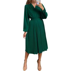 imagePRETTYGARDEN Womens Spring Midi Dress Long Puff Sleeve Wrap V Neck Flowy Ruffle Pleated Casual Fall DressesDark Green