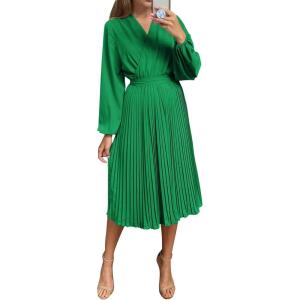 imagePRETTYGARDEN Womens Spring Midi Dress Long Puff Sleeve Wrap V Neck Flowy Ruffle Pleated Casual Fall DressesGreen