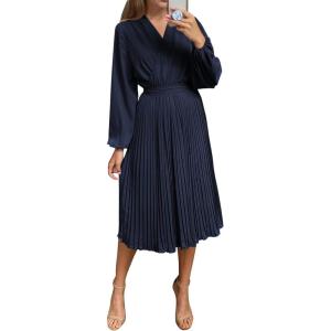 imagePRETTYGARDEN Womens Spring Midi Dress Long Puff Sleeve Wrap V Neck Flowy Ruffle Pleated Casual Fall DressesNavy