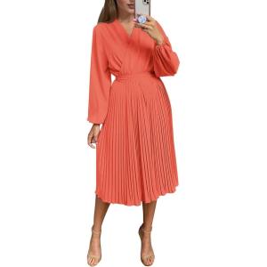 imagePRETTYGARDEN Womens Spring Midi Dress Long Puff Sleeve Wrap V Neck Flowy Ruffle Pleated Casual Fall DressesOrange