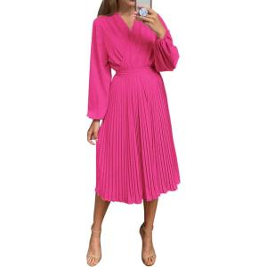 imagePRETTYGARDEN Womens Spring Midi Dress Long Puff Sleeve Wrap V Neck Flowy Ruffle Pleated Casual Fall DressesRose Red