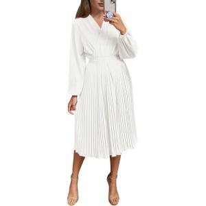 imagePRETTYGARDEN Womens Spring Midi Dress Long Puff Sleeve Wrap V Neck Flowy Ruffle Pleated Casual Fall DressesWhite