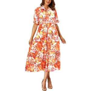 imagePRETTYGARDEN Womens Summer Beach Maxi Dress Short Sleeve Buttons Tiered Ruffle A Line Swing DressesFloral Apricot Orange