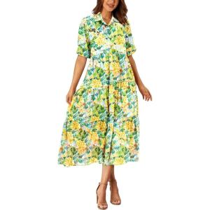 imagePRETTYGARDEN Womens Summer Beach Maxi Dress Short Sleeve Buttons Tiered Ruffle A Line Swing DressesFloral White Yellow