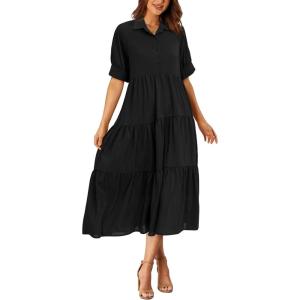 imagePRETTYGARDEN Womens Summer Beach Maxi Dress Short Sleeve Buttons Tiered Ruffle A Line Swing DressesSolid Black