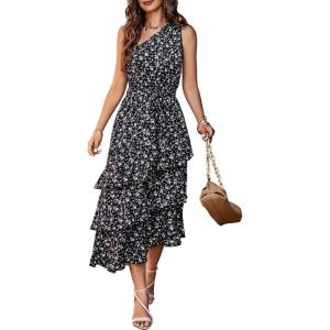 imagePRETTYGARDEN Womens Summer Floral Sundress Casual One Shoulder Tiered Ruffle Flowy Midi Beach Boho DressesFloral Black