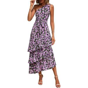 imagePRETTYGARDEN Womens Summer Floral Sundress Casual One Shoulder Tiered Ruffle Flowy Midi Beach Boho DressesFloral Black Pink