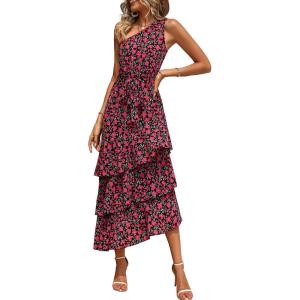 imagePRETTYGARDEN Womens Summer Floral Sundress Casual One Shoulder Tiered Ruffle Flowy Midi Beach Boho DressesFloral Black Red