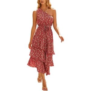 imagePRETTYGARDEN Womens Summer Floral Sundress Casual One Shoulder Tiered Ruffle Flowy Midi Beach Boho DressesFloral Brick Red White