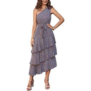 imagePRETTYGARDEN Womens Summer Floral Sundress Casual One Shoulder Tiered Ruffle Flowy Midi Beach Boho DressesFloral Coffee Blue