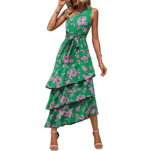 imagePRETTYGARDEN Womens Summer Floral Sundress Casual One Shoulder Tiered Ruffle Flowy Midi Beach Boho DressesFloral Green Pink