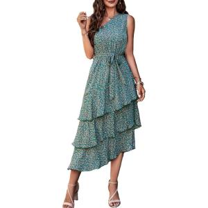 imagePRETTYGARDEN Womens Summer Floral Sundress Casual One Shoulder Tiered Ruffle Flowy Midi Beach Boho DressesFloral Olive Green