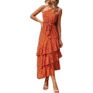 imagePRETTYGARDEN Womens Summer Floral Sundress Casual One Shoulder Tiered Ruffle Flowy Midi Beach Boho DressesFloral Orange Rose Red