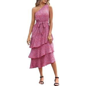 imagePRETTYGARDEN Womens Summer Floral Sundress Casual One Shoulder Tiered Ruffle Flowy Midi Beach Boho DressesFloral Red
