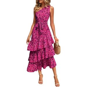 imagePRETTYGARDEN Womens Summer Floral Sundress Casual One Shoulder Tiered Ruffle Flowy Midi Beach Boho DressesFloral Rose Red