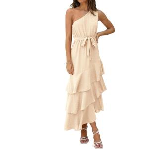 imagePRETTYGARDEN Womens Summer Floral Sundress Casual One Shoulder Tiered Ruffle Flowy Midi Beach Boho DressesSwiss Dot Beige