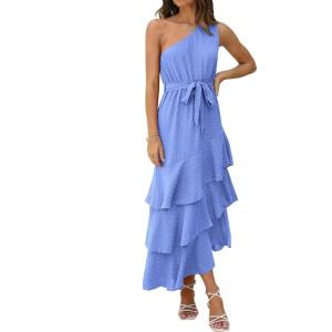 imagePRETTYGARDEN Womens Summer Floral Sundress Casual One Shoulder Tiered Ruffle Flowy Midi Beach Boho DressesSwiss Dot Blue