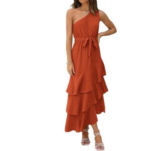 imagePRETTYGARDEN Womens Summer Floral Sundress Casual One Shoulder Tiered Ruffle Flowy Midi Beach Boho DressesSwiss Dot Brick Red