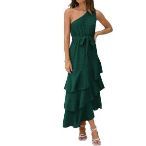 imagePRETTYGARDEN Womens Summer Floral Sundress Casual One Shoulder Tiered Ruffle Flowy Midi Beach Boho DressesSwiss Dot Dark Green