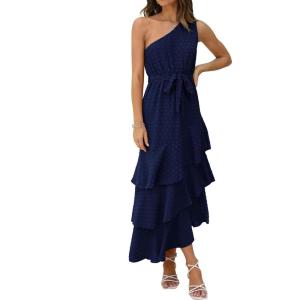 imagePRETTYGARDEN Womens Summer Floral Sundress Casual One Shoulder Tiered Ruffle Flowy Midi Beach Boho DressesSwiss Dot Navy