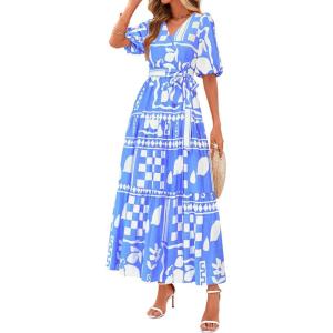imagePRETTYGARDEN Womens Summer Maxi Dress 2025 Resort Wear Boho Floral V Neck Puff Short Sleeve Ruffle Flowy Beach Long DressesBlue Flower