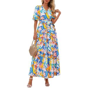 imagePRETTYGARDEN Womens Summer Maxi Dress 2025 Resort Wear Boho Floral V Neck Puff Short Sleeve Ruffle Flowy Beach Long DressesBlue Yellow Flower