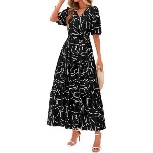 imagePRETTYGARDEN Womens Summer Maxi Dress 2025 Resort Wear Boho Floral V Neck Puff Short Sleeve Ruffle Flowy Beach Long DressesFloral Black