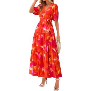 imagePRETTYGARDEN Womens Summer Maxi Dress 2025 Resort Wear Boho Floral V Neck Puff Short Sleeve Ruffle Flowy Beach Long DressesFloral Orange