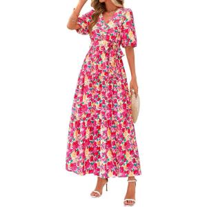 imagePRETTYGARDEN Womens Summer Maxi Dress 2025 Resort Wear Boho Floral V Neck Puff Short Sleeve Ruffle Flowy Beach Long DressesFloral Pink Yellow