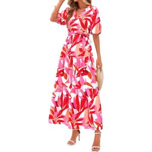 imagePRETTYGARDEN Womens Summer Maxi Dress 2025 Resort Wear Boho Floral V Neck Puff Short Sleeve Ruffle Flowy Beach Long DressesFloral White Rose Red