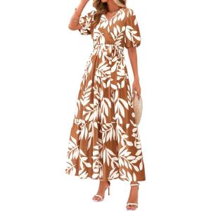imagePRETTYGARDEN Womens Summer Maxi Dress 2025 Resort Wear Boho Floral V Neck Puff Short Sleeve Ruffle Flowy Beach Long DressesKhaki