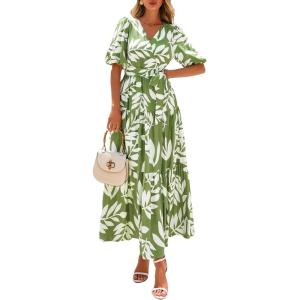 imagePRETTYGARDEN Womens Summer Maxi Dress 2025 Resort Wear Boho Floral V Neck Puff Short Sleeve Ruffle Flowy Beach Long DressesLeaves Light Green