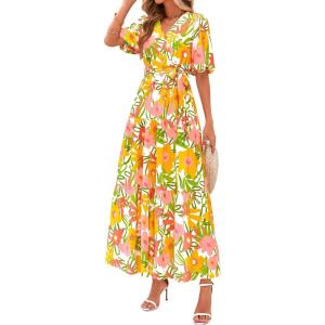 imagePRETTYGARDEN Womens Summer Maxi Dress 2025 Resort Wear Boho Floral V Neck Puff Short Sleeve Ruffle Flowy Beach Long DressesWhite Yellow Flower