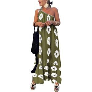imagePRETTYGARDEN Womens Summer One Shoulder Maxi Dresses Printed Flowy Boho Beach Vacation Long SundressArmy Green White Floral