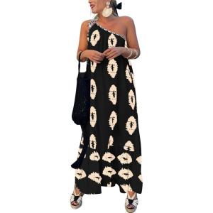 imagePRETTYGARDEN Womens Summer One Shoulder Maxi Dresses Printed Flowy Boho Beach Vacation Long SundressBlack Apricot Floral