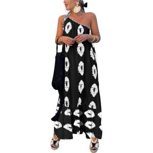 imagePRETTYGARDEN Womens Summer One Shoulder Maxi Dresses Printed Flowy Boho Beach Vacation Long SundressBlack White Floral