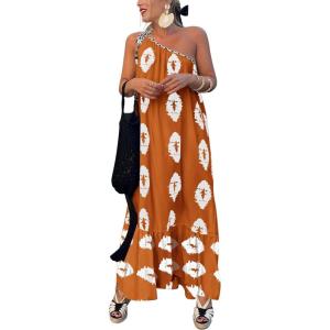 imagePRETTYGARDEN Womens Summer One Shoulder Maxi Dresses Printed Flowy Boho Beach Vacation Long SundressBrick Red White Floral