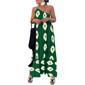 imagePRETTYGARDEN Womens Summer One Shoulder Maxi Dresses Printed Flowy Boho Beach Vacation Long SundressDark Green Apricot Floral