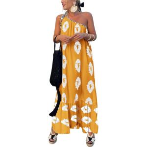 imagePRETTYGARDEN Womens Summer One Shoulder Maxi Dresses Printed Flowy Boho Beach Vacation Long SundressTurmeric White Floral