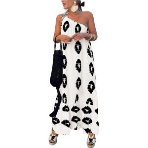 imagePRETTYGARDEN Womens Summer One Shoulder Maxi Dresses Printed Flowy Boho Beach Vacation Long SundressWhite Black Floral