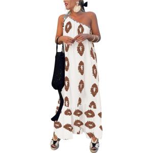 imagePRETTYGARDEN Womens Summer One Shoulder Maxi Dresses Printed Flowy Boho Beach Vacation Long SundressWhite Khaki Floral