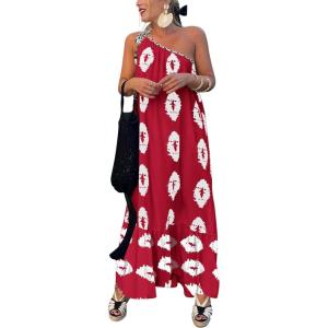 imagePRETTYGARDEN Womens Summer One Shoulder Maxi Dresses Printed Flowy Boho Beach Vacation Long SundressWine Red White Floral