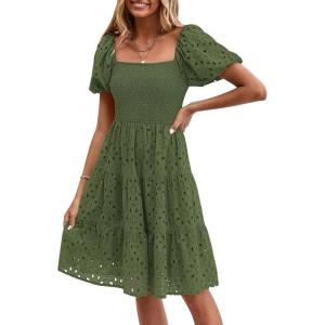 imagePRETTYGARDEN Womens Summer Puff Sleeve Mini Dress Off Shoulder Eyelet Smocked A Line Casual Babydoll Short DressesArmy Green