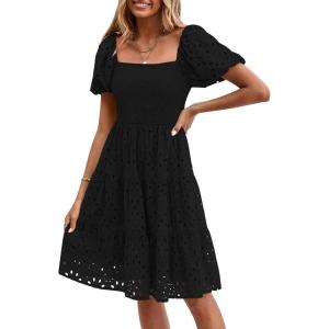 imagePRETTYGARDEN Womens Summer Puff Sleeve Mini Dress Off Shoulder Eyelet Smocked A Line Casual Babydoll Short DressesBlack