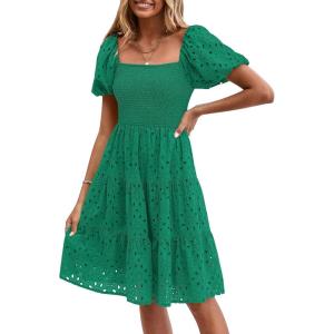 imagePRETTYGARDEN Womens Summer Puff Sleeve Mini Dress Off Shoulder Eyelet Smocked A Line Casual Babydoll Short DressesGreen