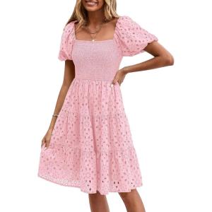 imagePRETTYGARDEN Womens Summer Puff Sleeve Mini Dress Off Shoulder Eyelet Smocked A Line Casual Babydoll Short DressesPink