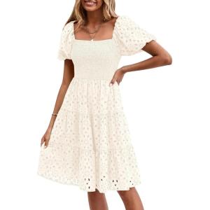 imagePRETTYGARDEN Womens Summer Puff Sleeve Mini Dress Off Shoulder Eyelet Smocked A Line Casual Babydoll Short DressesWhite