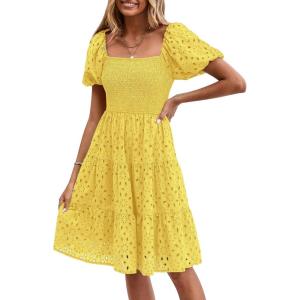 imagePRETTYGARDEN Womens Summer Puff Sleeve Mini Dress Off Shoulder Eyelet Smocked A Line Casual Babydoll Short DressesYellow