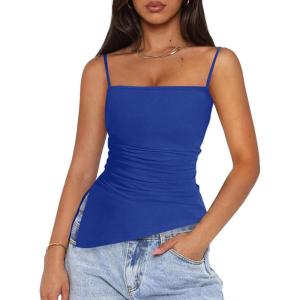 imagePRETTYGARDEN Womens Summer Spaghetti Strap Tank Tops Sleeveless Camisole Blouses Asymmetrical Going Out Basic Tank ShirtBlue